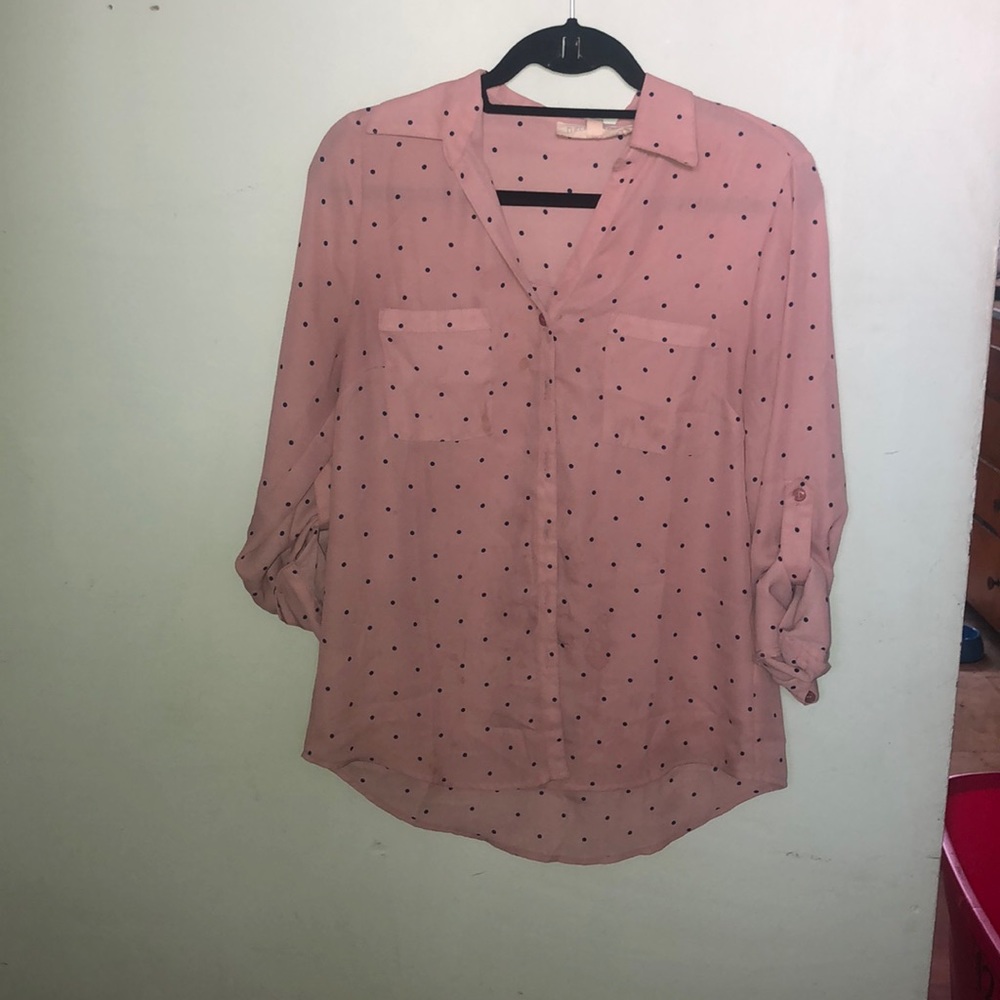 pink with black polka dots button down shirt
